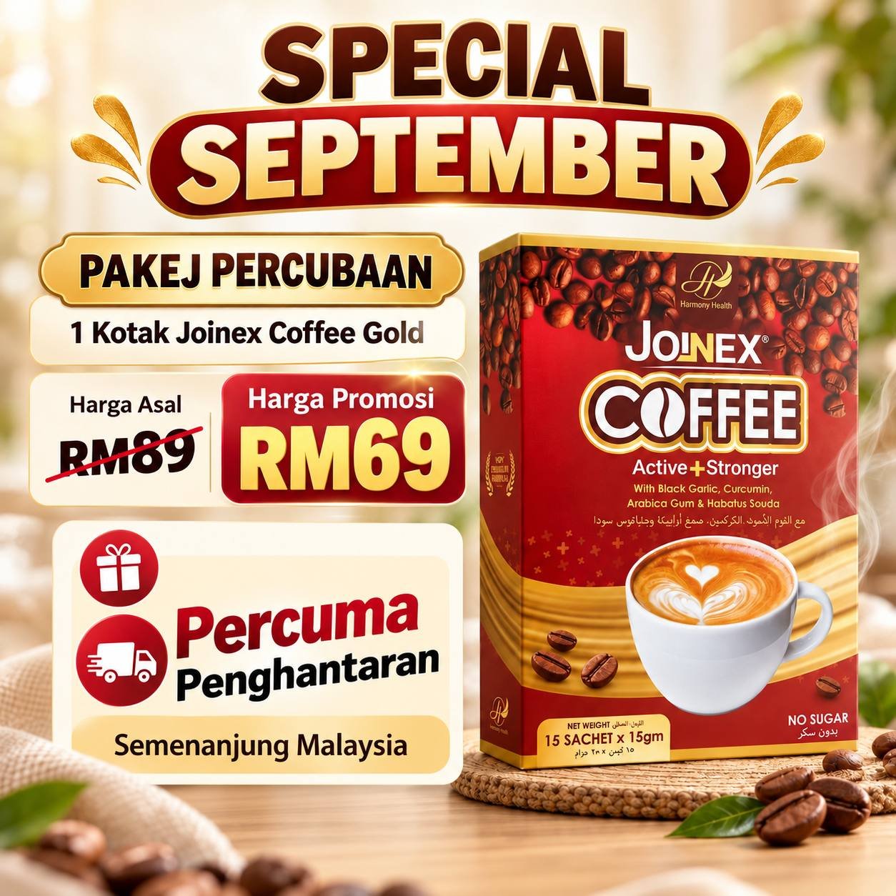 Pakej Percubaan satu kotak Kopi Joinex pada harga RM69, percuma Fridge Magnet dan penghantaran