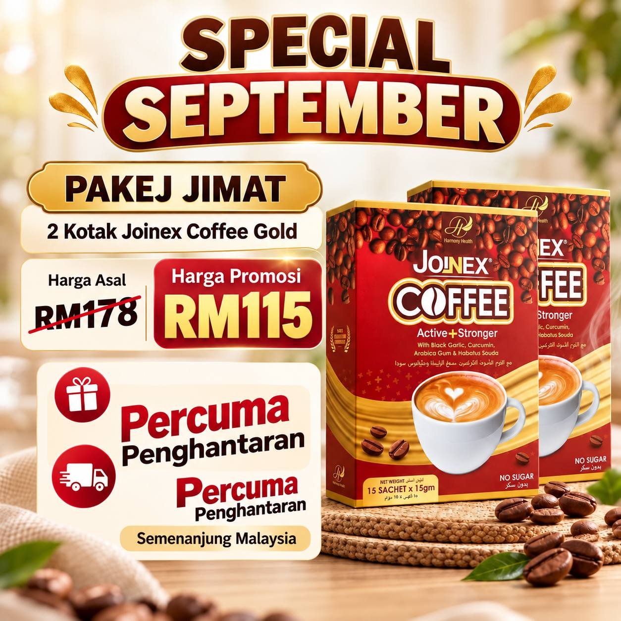 Pakej Jimat dua kotak Kopi Joinex, harga asal RM178 dan harga promosi RM115, percuma Fridge Magnet dan penghantaran