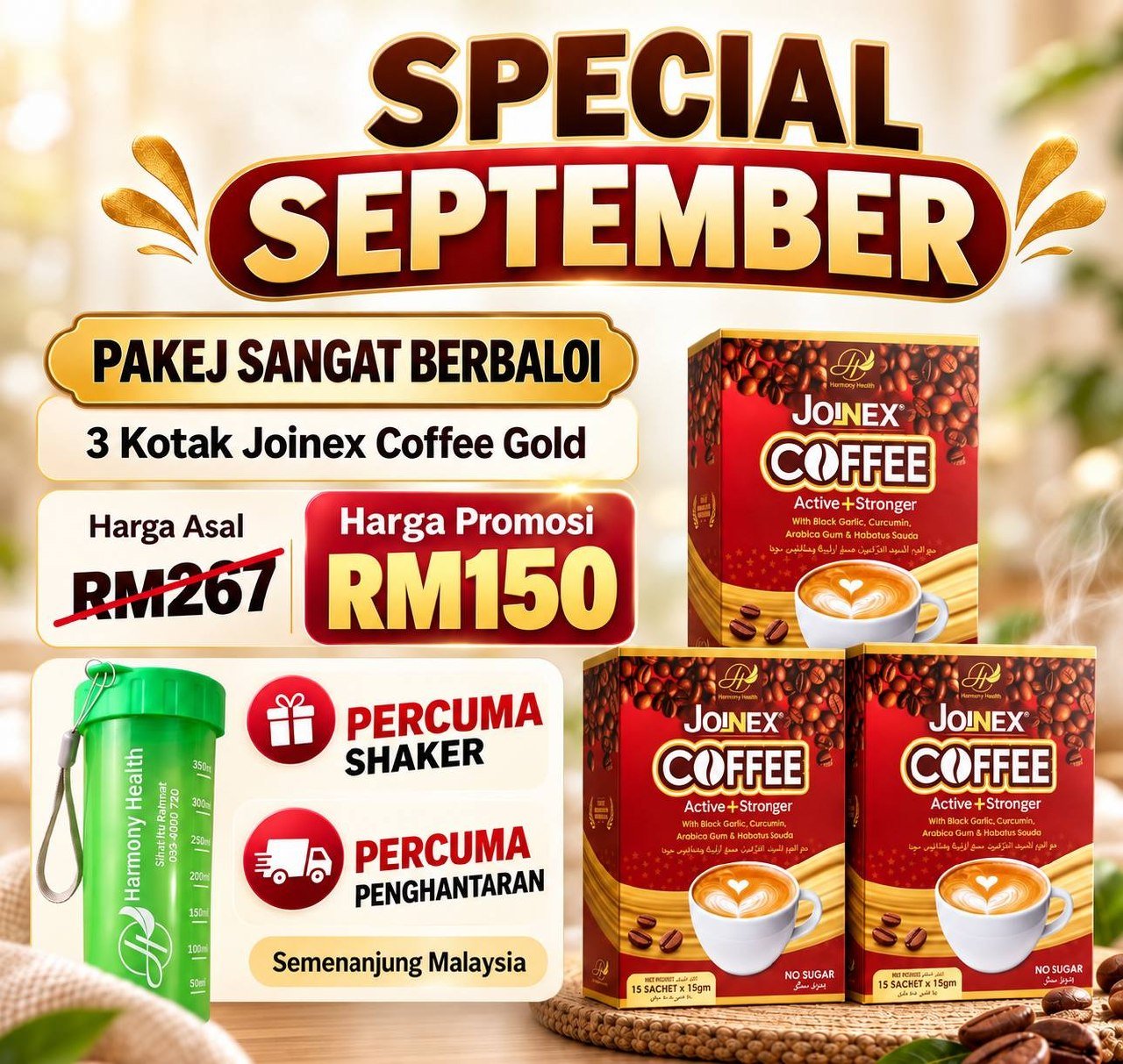 Pakej Sangat Berbaloi tiga kotak Kopi Joinex, harga asal RM267 dan harga promosi RM150, percuma Shaker, Fridge Magnet dan penghantaran